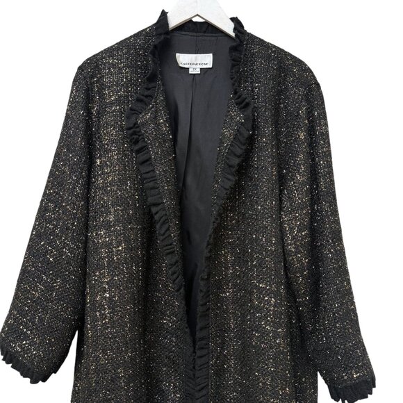 Caroline Rose Evening Jacket Plus Size 2X Black Gold Tweed Long Duster Blazer - Picture 2 of 13